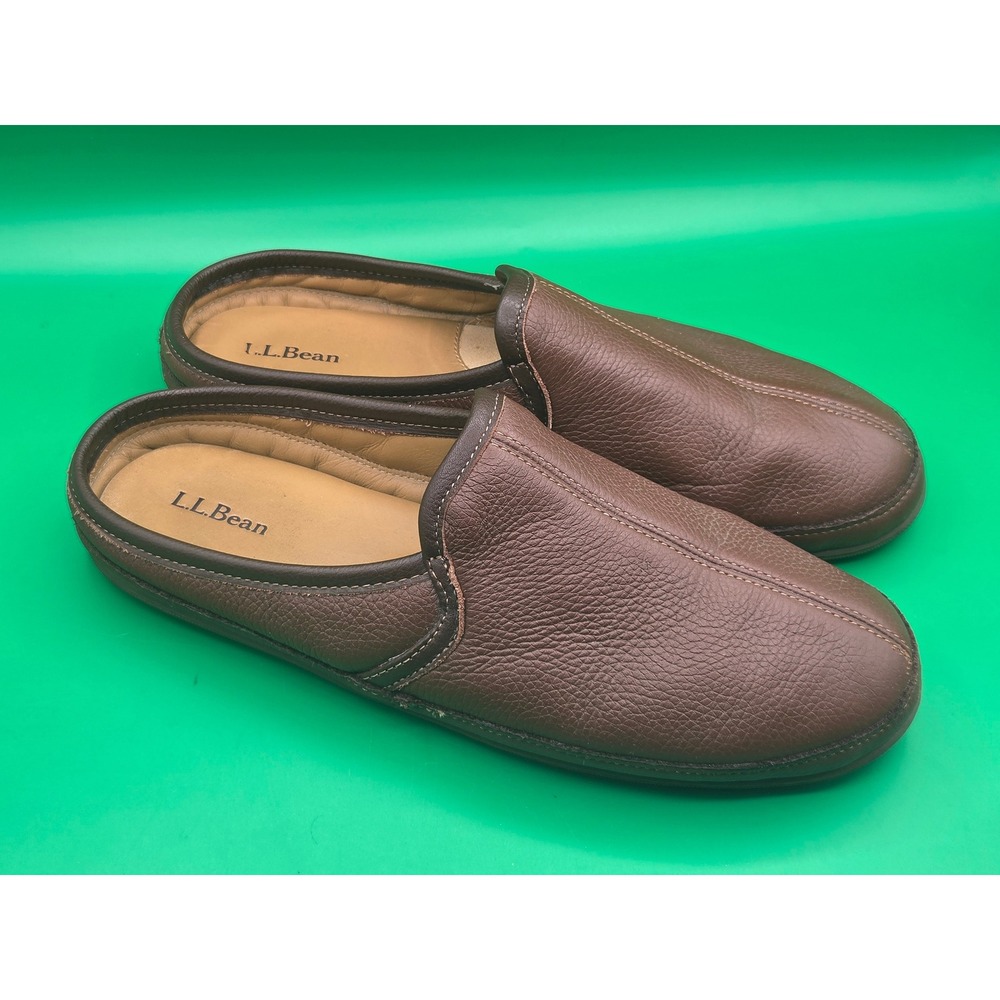 LL Bean Mens Handsewn Leather Slippers Brown Scuff House Shoes 13 M 272349